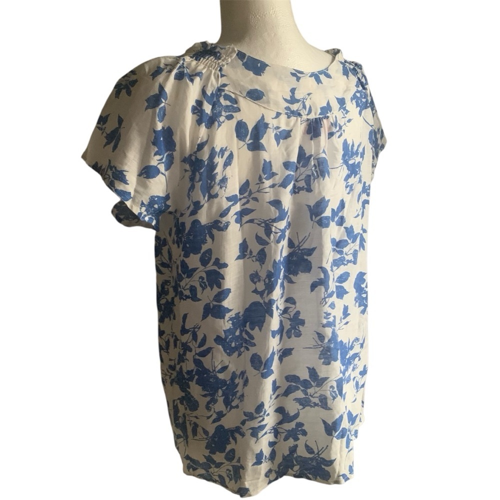 π Floral Linen Tunic Top Ruffle Tie Front Light Smocking Periwinkle Blue White M - Picture 11 of 14